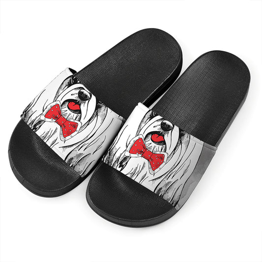 Red Cap Yorkshire Terrier Print Black Slide Sandals