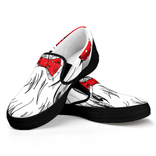Red Cap Yorkshire Terrier Print Black Slip On Shoes