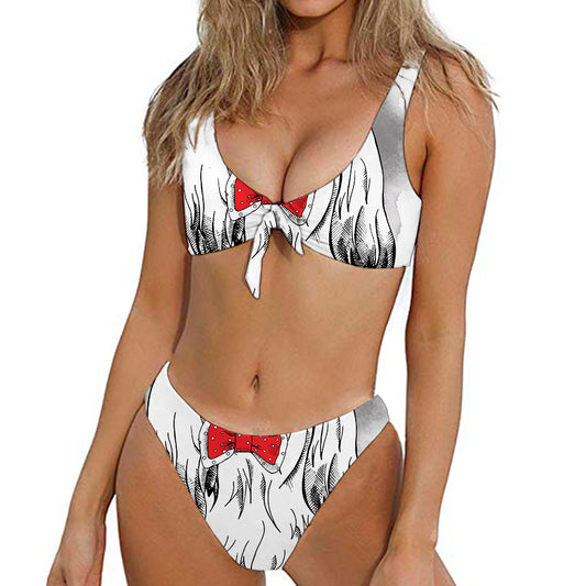 Red Cap Yorkshire Terrier Print Front Bow Tie Bikini