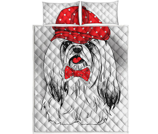 Red Cap Yorkshire Terrier Print Quilt Bed Set
