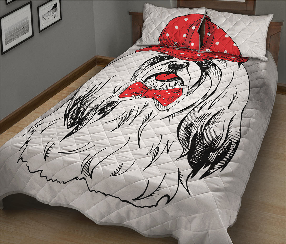 Red Cap Yorkshire Terrier Print Quilt Bed Set
