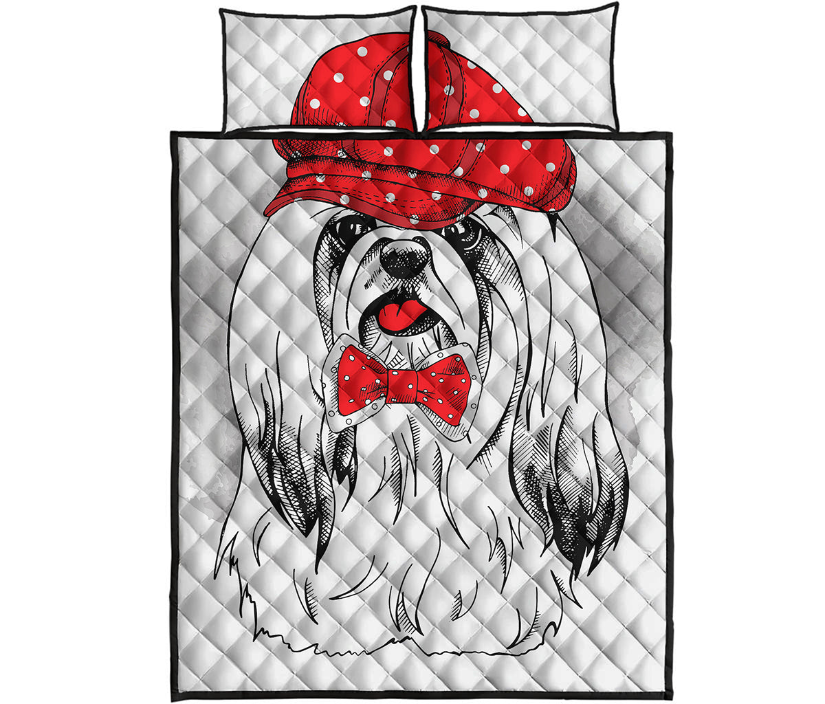 Red Cap Yorkshire Terrier Print Quilt Bed Set