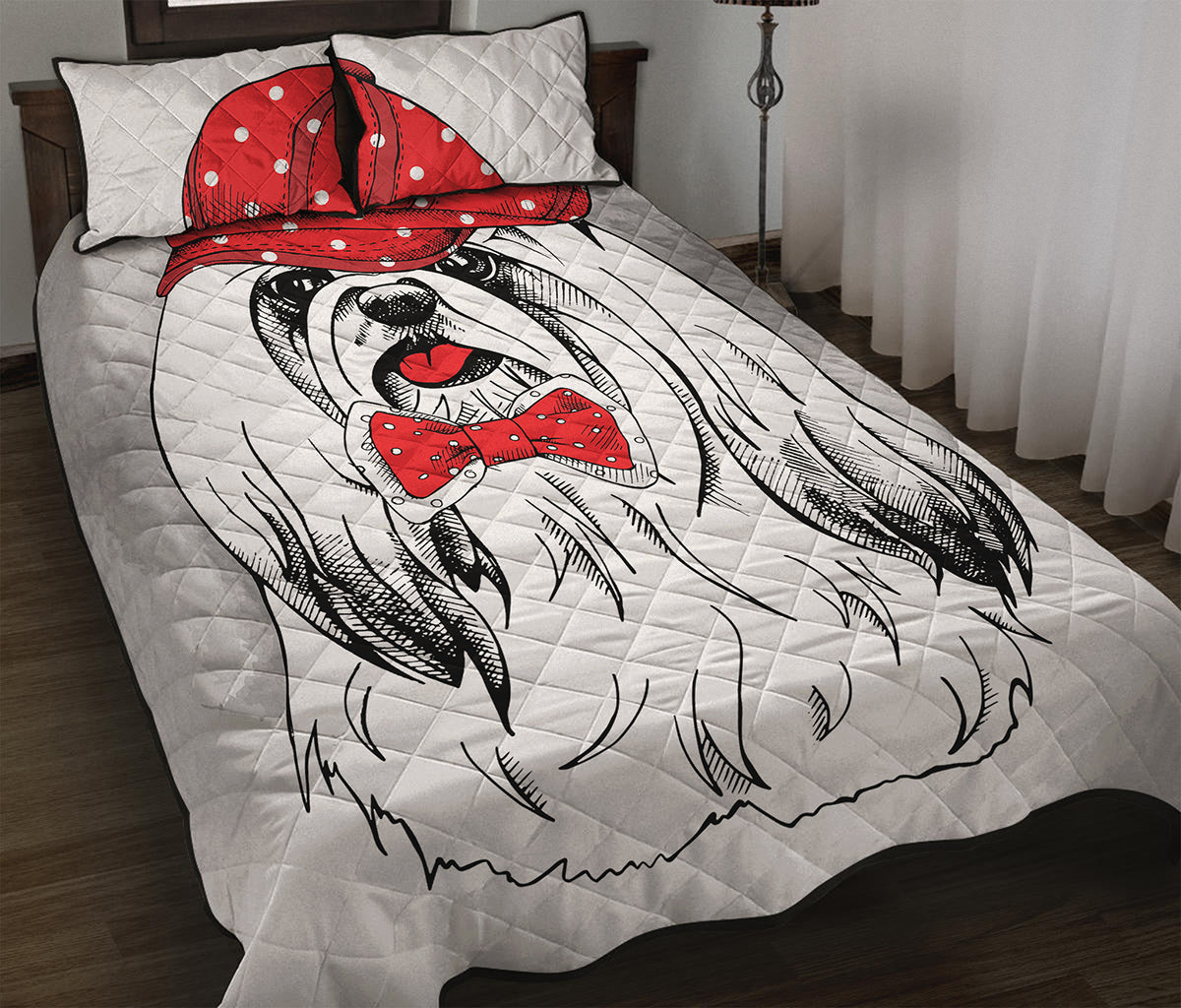 Red Cap Yorkshire Terrier Print Quilt Bed Set