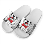 Red Cap Yorkshire Terrier Print White Slide Sandals