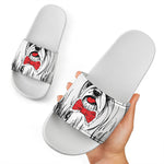 Red Cap Yorkshire Terrier Print White Slide Sandals