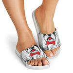 Red Cap Yorkshire Terrier Print White Slide Sandals
