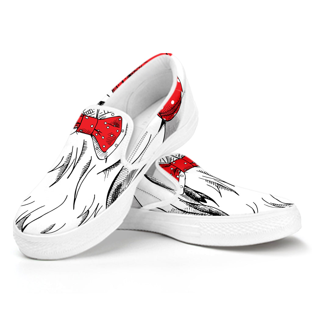 Red Cap Yorkshire Terrier Print White Slip On Shoes