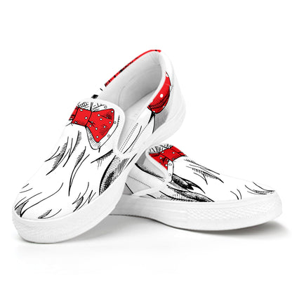 Red Cap Yorkshire Terrier Print White Slip On Shoes