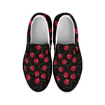 Red Cherry Pattern Print Black Slip On Shoes
