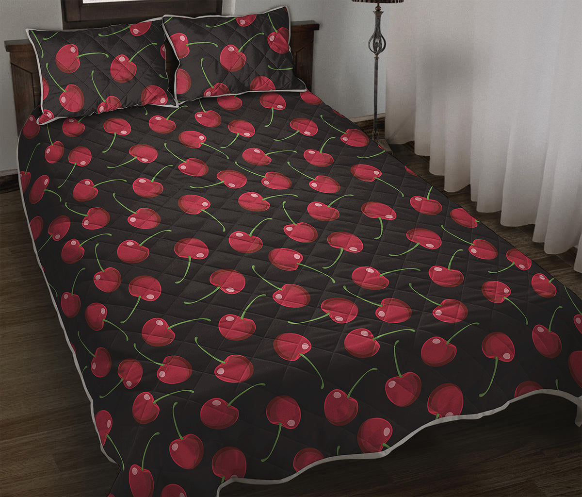 Red Cherry Pattern Print Quilt Bed Set