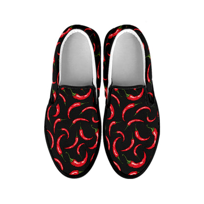 Red Chili Peppers Pattern Print Black Slip On Shoes