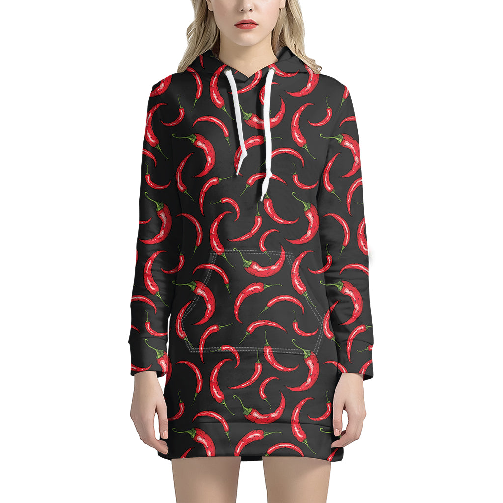 Red Chili Peppers Pattern Print Hoodie Dress