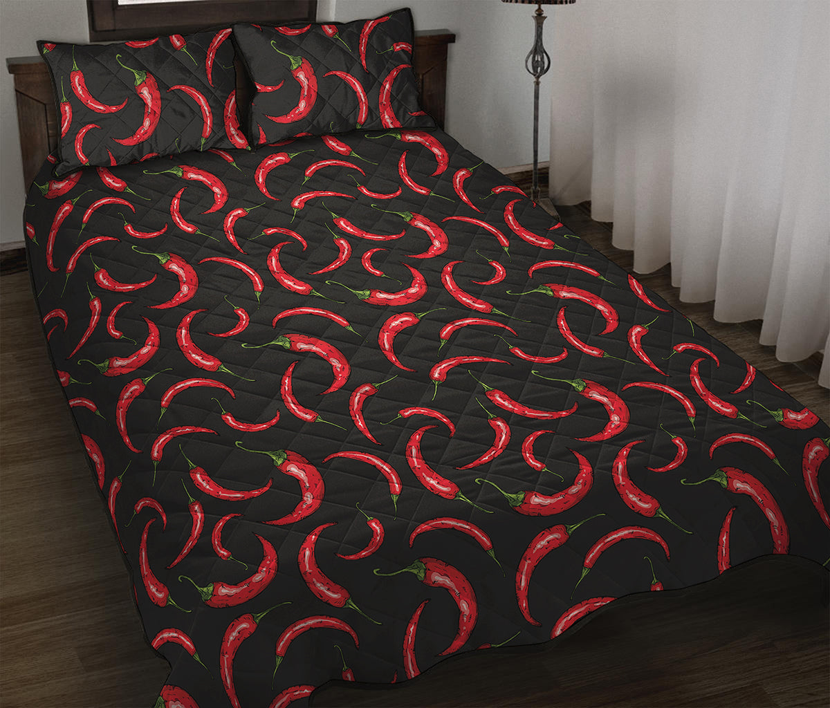 Red Chili Peppers Pattern Print Quilt Bed Set