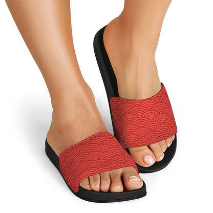 Red Chinese Pattern Print Black Slide Sandals