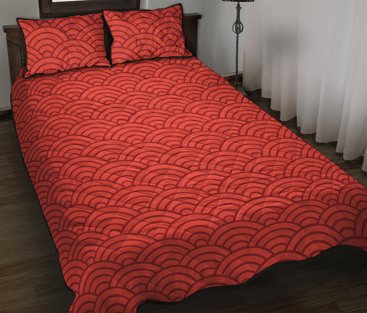 Red Chinese Pattern Print Quilt Bed Set