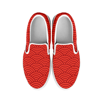 Red Chinese Pattern Print White Slip On Shoes