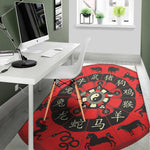 Red Chinese Zodiac Wheel Print Area Rug