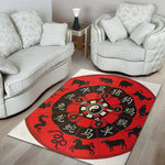 Red Chinese Zodiac Wheel Print Area Rug