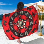 Red Chinese Zodiac Wheel Print Beach Sarong Wrap