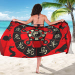 Red Chinese Zodiac Wheel Print Beach Sarong Wrap