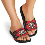 Red Chinese Zodiac Wheel Print Black Slide Sandals