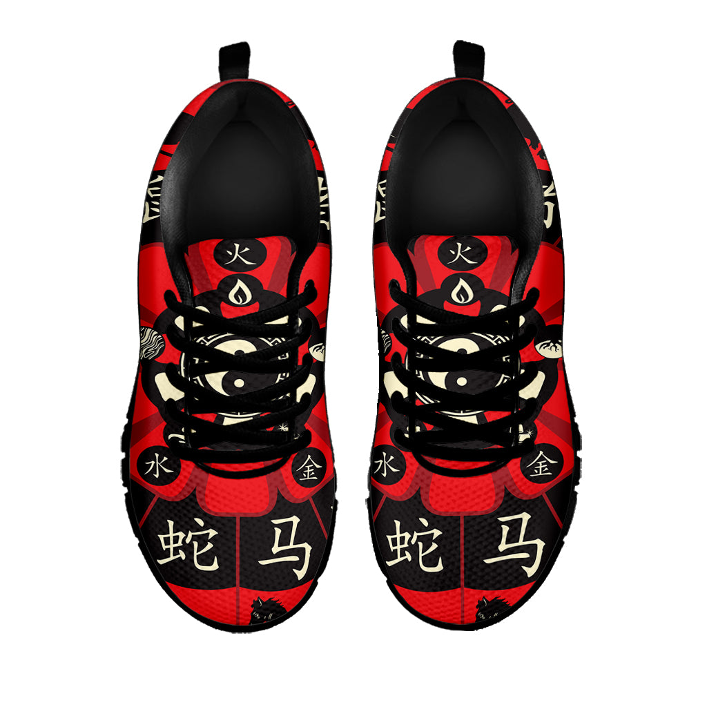 Red Chinese Zodiac Wheel Print Black Sneakers