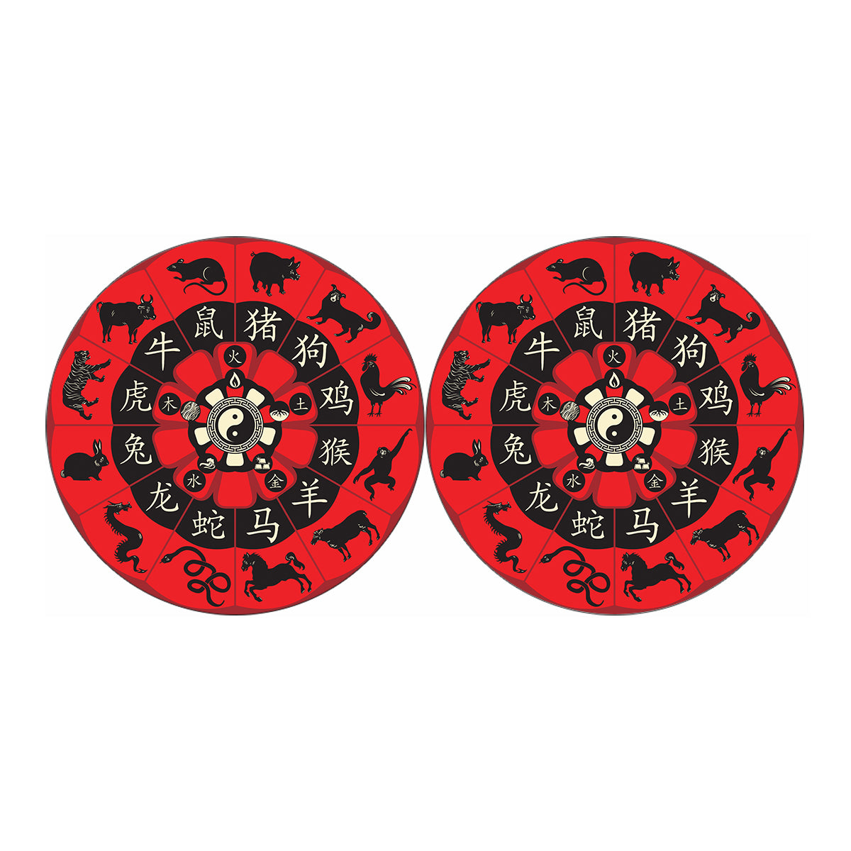 Red Chinese Zodiac Wheel Print Car Coasters