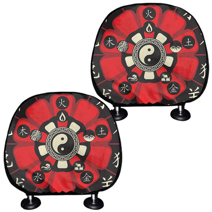 Red Chinese Zodiac Wheel Print Car Headrest Covers