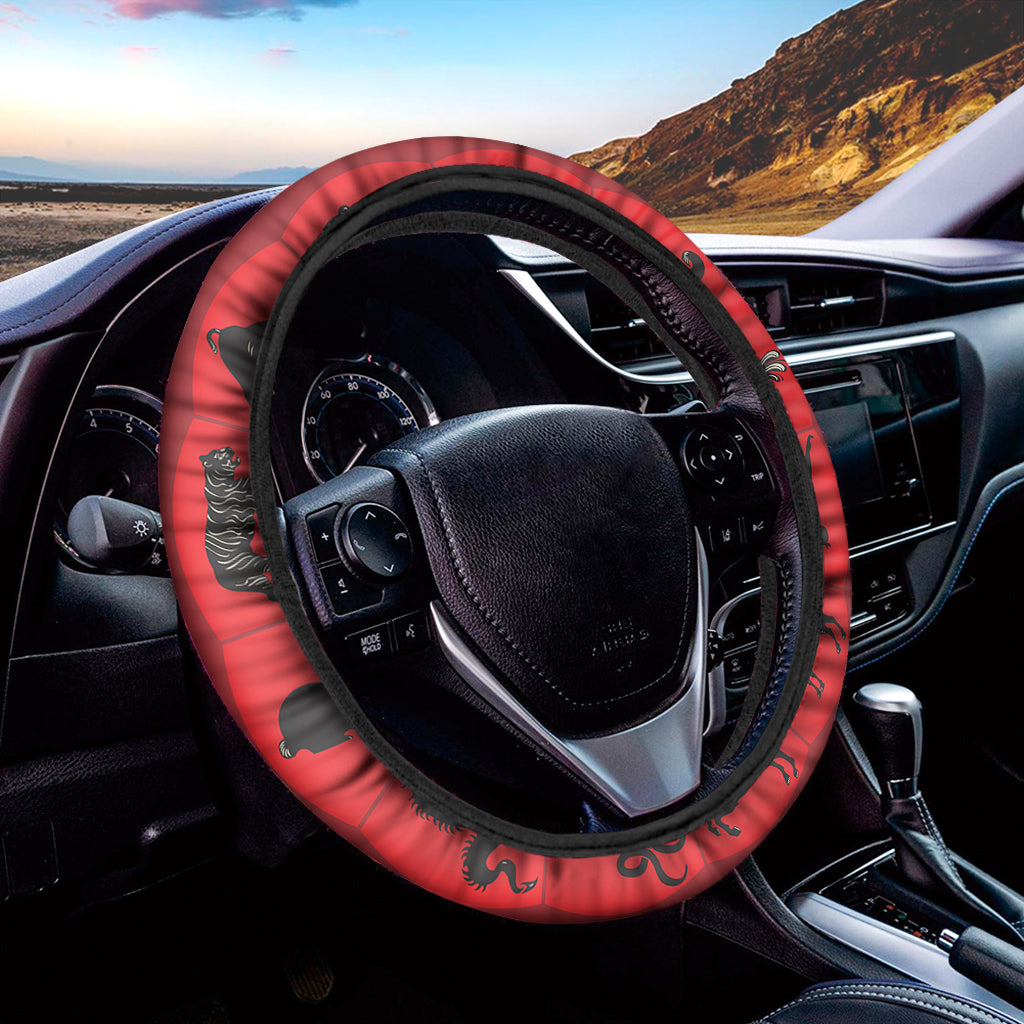 Red Chinese Zodiac Wheel Print Car Steering Wheel Cover