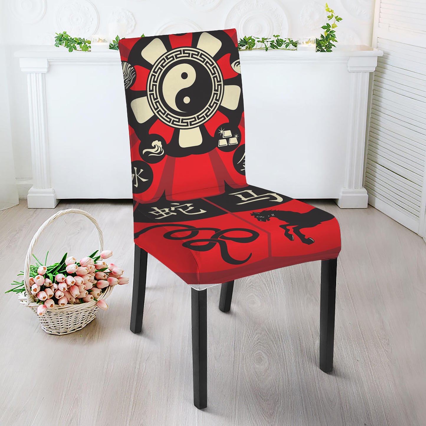 Red Chinese Zodiac Wheel Print Dining Chair Slipcover