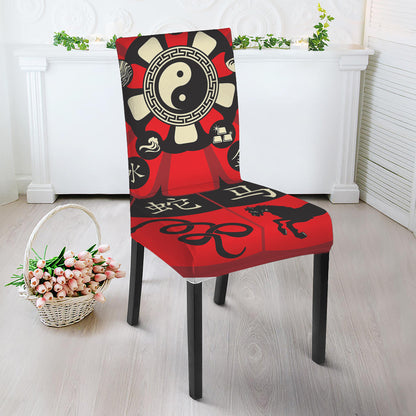 Red Chinese Zodiac Wheel Print Dining Chair Slipcover