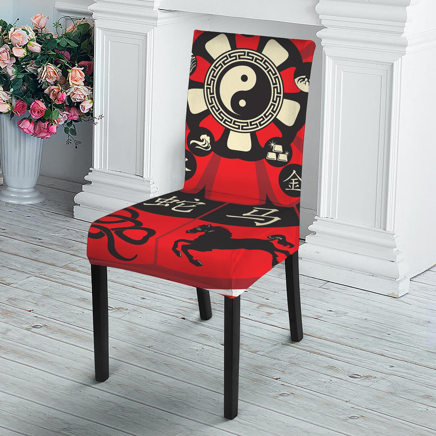 Red Chinese Zodiac Wheel Print Dining Chair Slipcover