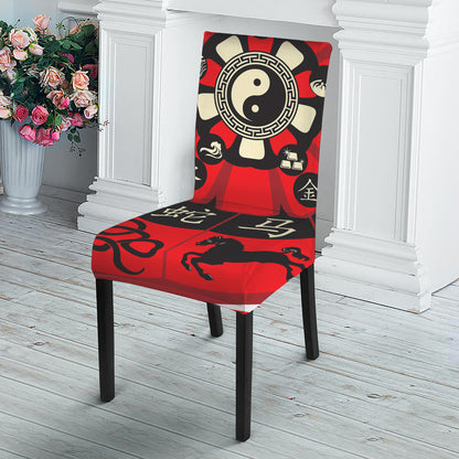 Red Chinese Zodiac Wheel Print Dining Chair Slipcover