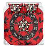Red Chinese Zodiac Wheel Print Duvet Cover Bedding Set