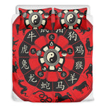 Red Chinese Zodiac Wheel Print Duvet Cover Bedding Set