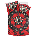 Red Chinese Zodiac Wheel Print Duvet Cover Bedding Set