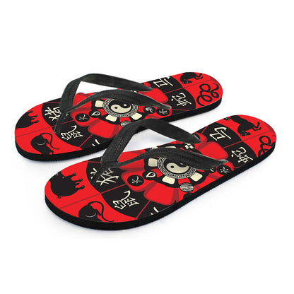 Red Chinese Zodiac Wheel Print Flip Flops
