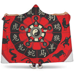 Red Chinese Zodiac Wheel Print Hooded Blanket