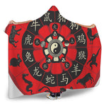 Red Chinese Zodiac Wheel Print Hooded Blanket