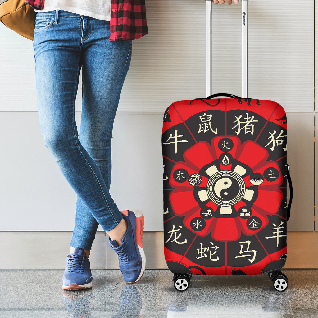 Red Chinese Zodiac Wheel Print Luggage Cover