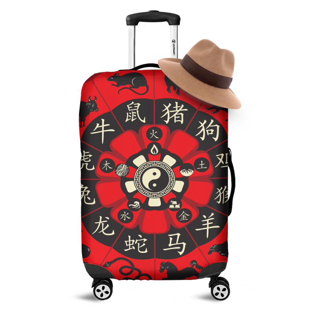 Red Chinese Zodiac Wheel Print Luggage Cover