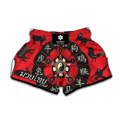 Red Chinese Zodiac Wheel Print Muay Thai Boxing Shorts