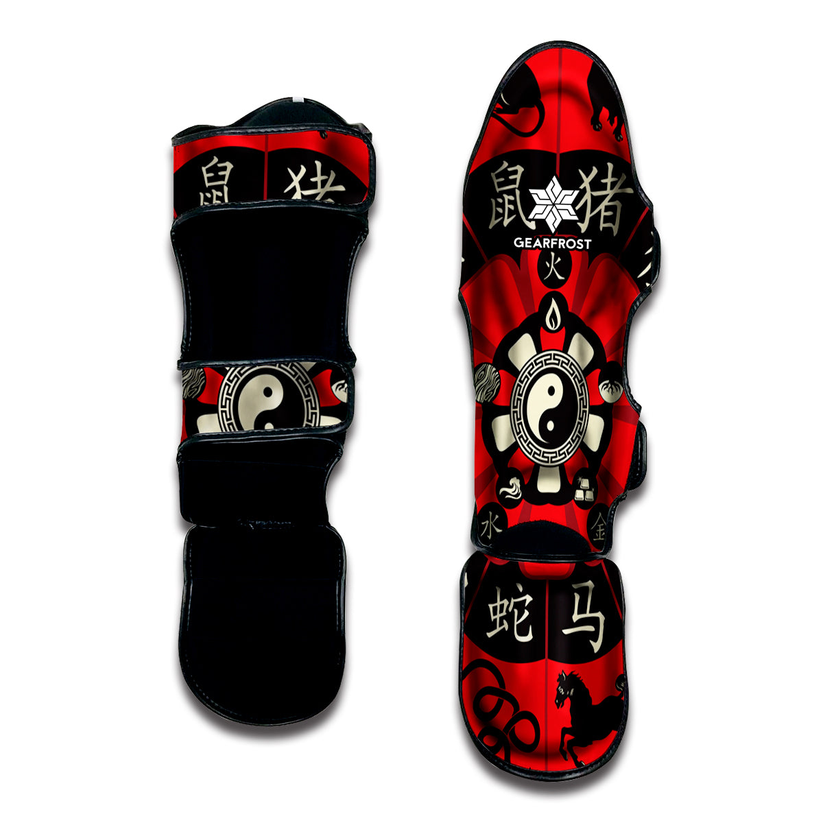 Red Chinese Zodiac Wheel Print Muay Thai Shin Guard