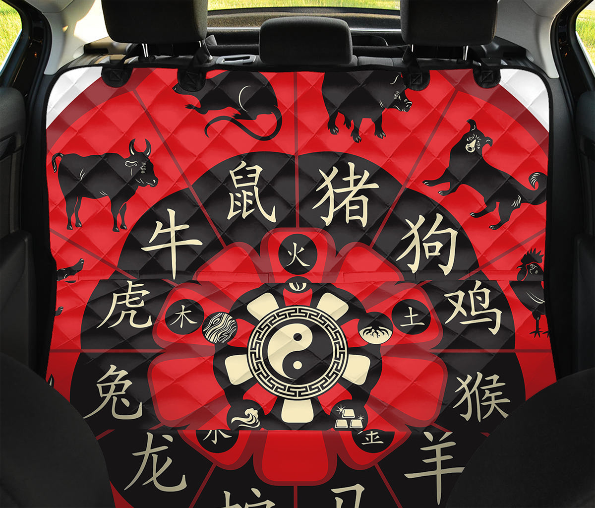 Red Chinese Zodiac Wheel Print Pet Car Back Seat Cover
