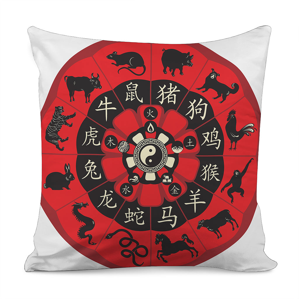 Red Chinese Zodiac Wheel Print Pillow Cover