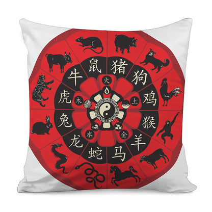 Red Chinese Zodiac Wheel Print Pillow Cover