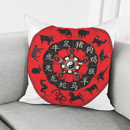 Red Chinese Zodiac Wheel Print Pillow Cover