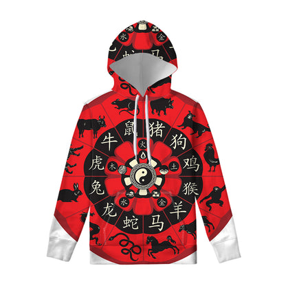 Red Chinese Zodiac Wheel Print Pullover Hoodie