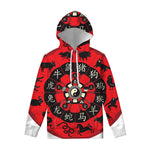 Red Chinese Zodiac Wheel Print Pullover Hoodie