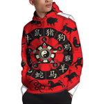 Red Chinese Zodiac Wheel Print Pullover Hoodie
